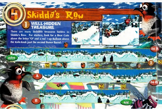A double-page spread from Nintendo Power depicting a map of the level Skidda's Row